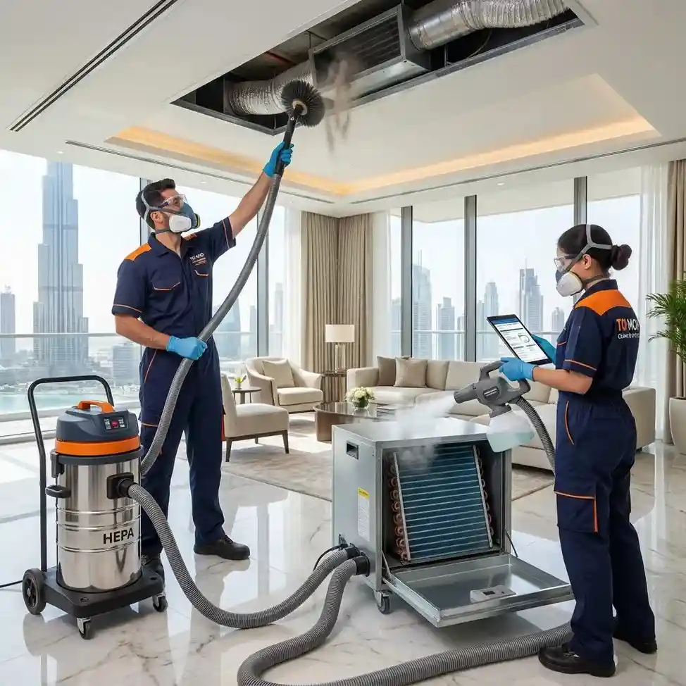 Top Mop Cleaning Services technicians cleaning and sanitizing AC ducts, evaporator coils, and ventilation systems to remove mold in a Dubai villa.