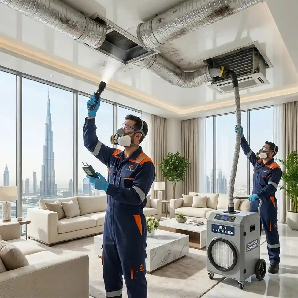 Top Mop Cleaning Services technicians inspecting and cleaning AC ducts, coils, and ventilation systems to remove hidden mold in a Dubai villa.