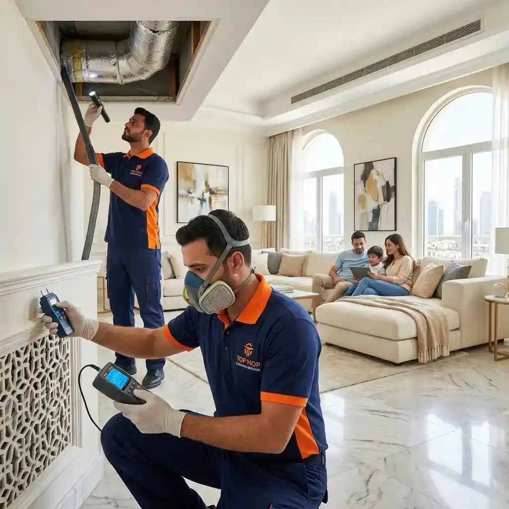 Top Mop Cleaning Services technician inspecting AC ductwork and indoor air quality to identify hidden mold affecting respiratory health in a Dubai villa.