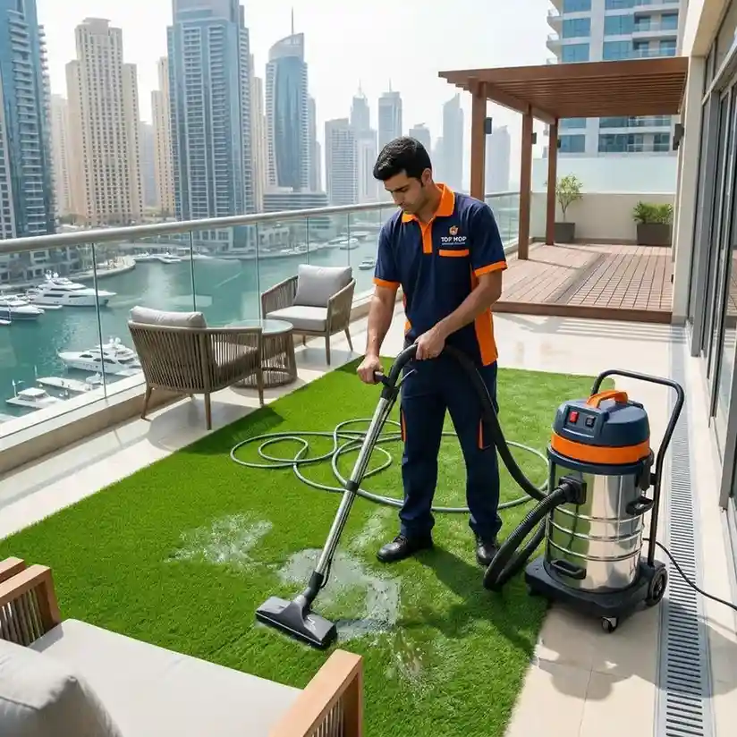 Professional artificial grass cleaning on a Dubai Marina apartment balcony by Top Mop Cleaning Services using a wet vacuum