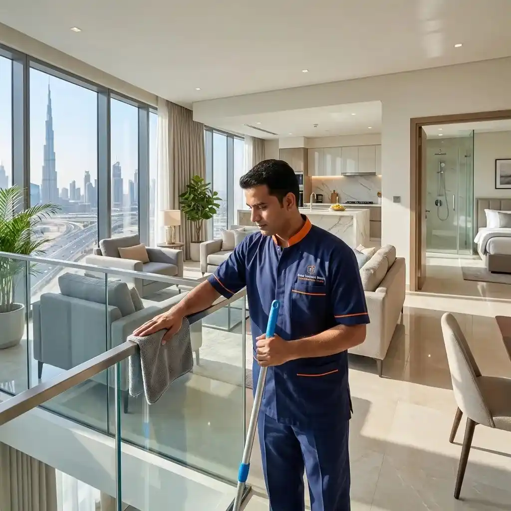 Apartment cleaning expert from Top Mop Cleaning Services cleaning a luxury Dubai home