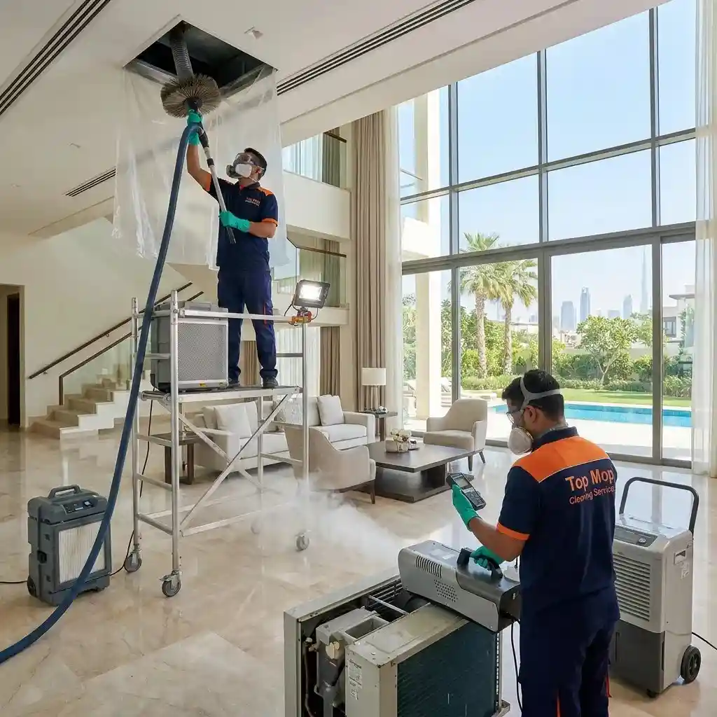 Top Mop Cleaning Services technicians removing bathroom ceiling mold and resealing a shower enclosure in a Jumeirah Village Circle apartment.