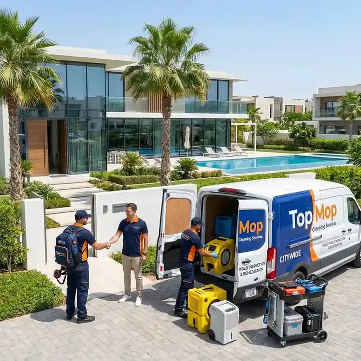 Top Mop Cleaning Services team arriving at a luxury Dubai villa with professional mold inspection and remediation equipment for residential mold removal services.