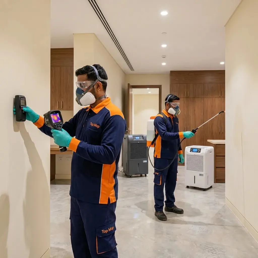 Top Mop Cleaning Services technicians inspecting moisture and treating mold in a basement storage room with professional dehumidification equipment in Dubai.