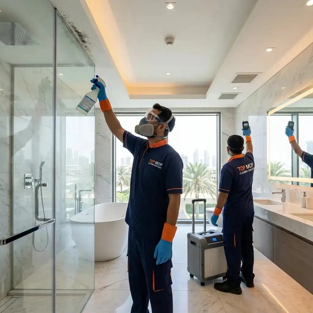 Top Mop Cleaning Services technician removing mold from a bathroom ceiling and grout while inspecting moisture levels in a luxury Dubai home.