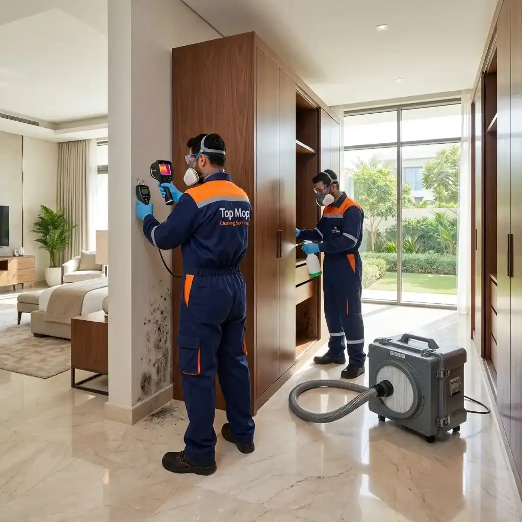 Top Mop Cleaning Services technicians inspecting hidden mold behind a wardrobe using thermal imaging and HEPA equipment in a Dubai villa.