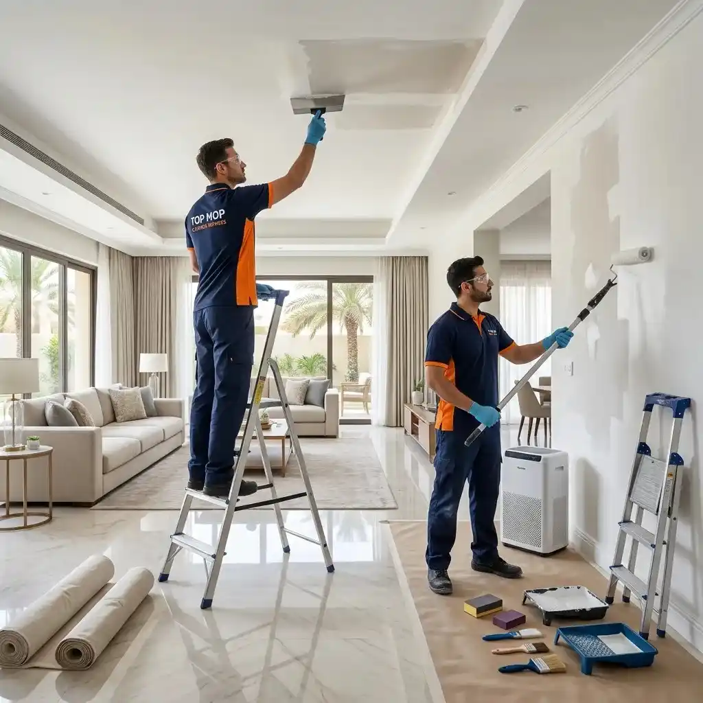 Top Mop Cleaning Services technicians repairing and repainting ceilings and walls after professional mold removal in a luxury Dubai villa.