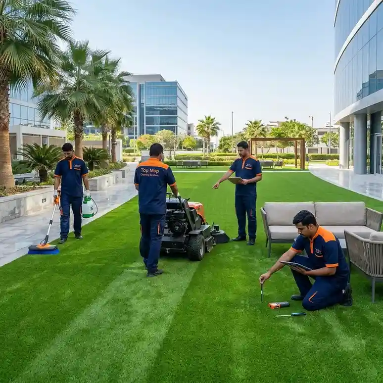 Commercial artificial grass maintenance by Top Mop Cleaning Services at a landscaped office courtyard in Dubai