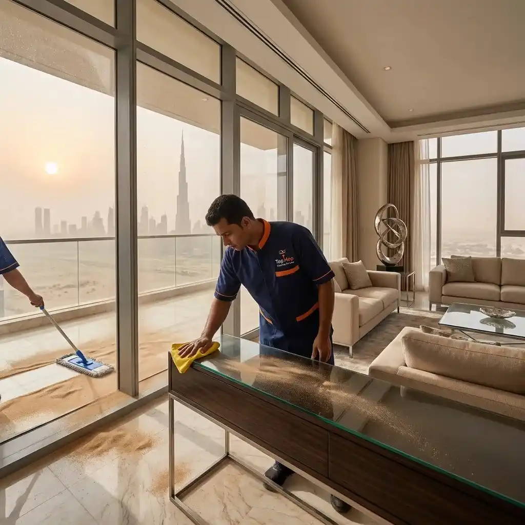 Professional cleaner from Top Mop Cleaning Services removing desert dust inside a modern Dubai apartment