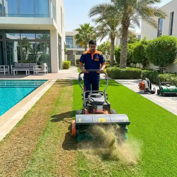 Top Mop Cleaning Services restoring flattened artificial grass fibers with professional power brushing in Dubai