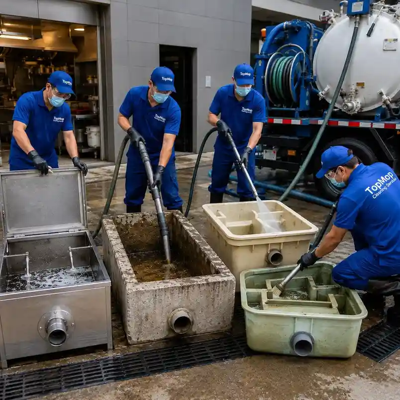 TopMop Cleaning Services technicians cleaning stainless steel, concrete, polyethylene, and fiberglass grease traps using material-specific cleaning methods.