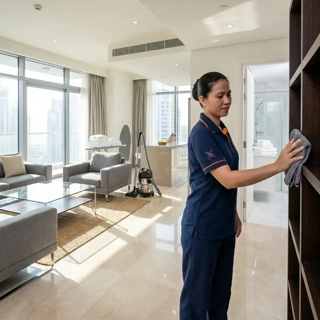 Professional hourly maid from Top Mop Cleaning Services cleaning a modern Dubai apartment