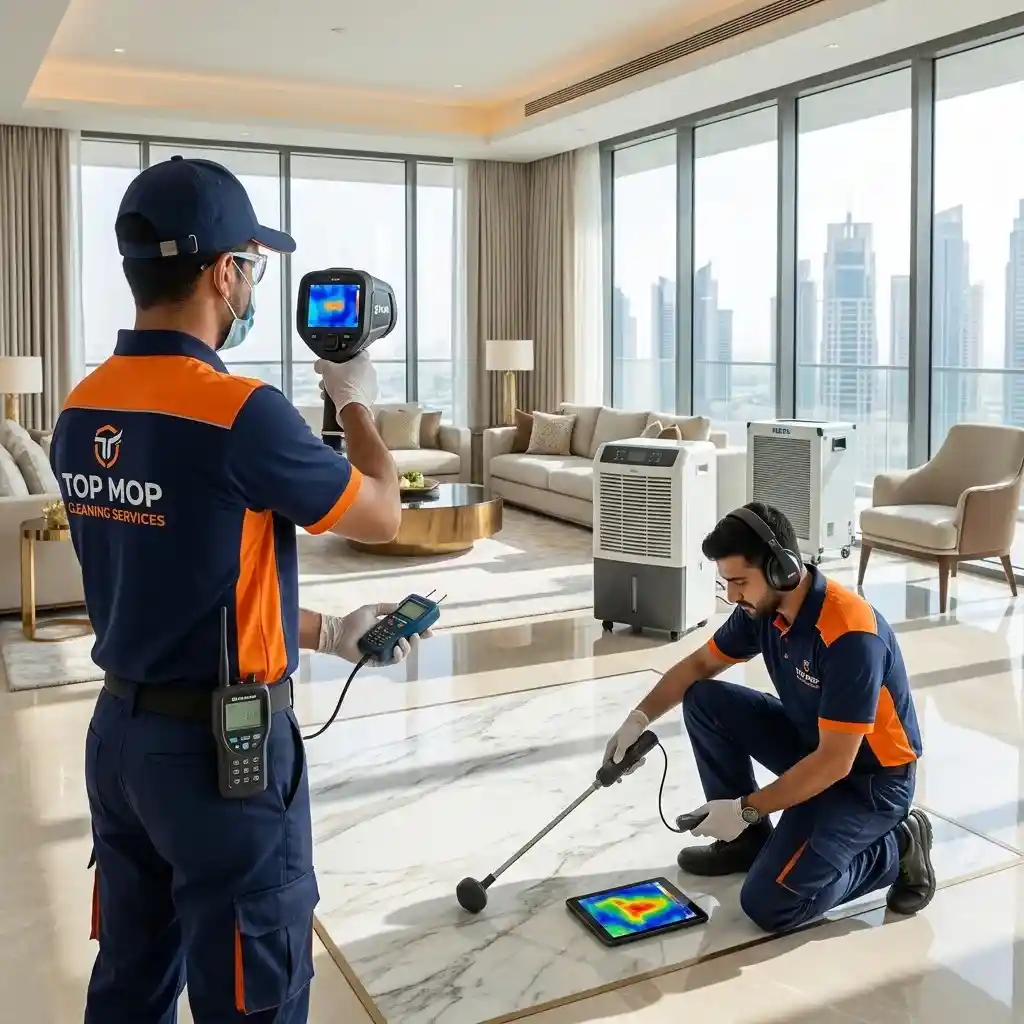 Top Mop Cleaning Services technicians using thermal imaging and moisture detection equipment to locate hidden water leaks beneath flooring in a Dubai home.