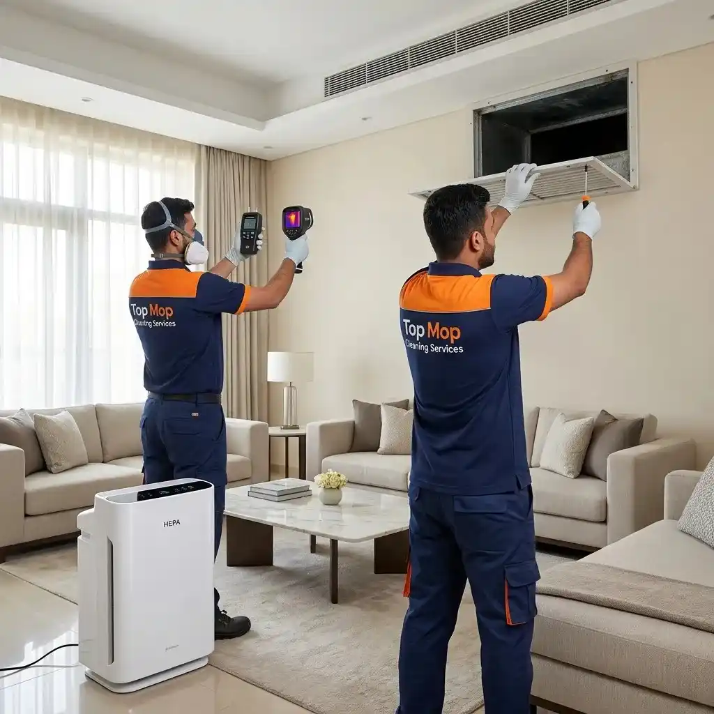 Top Mop Cleaning Services technicians inspecting AC ducts and indoor air quality to locate hidden mold causing musty odors in a Dubai home.