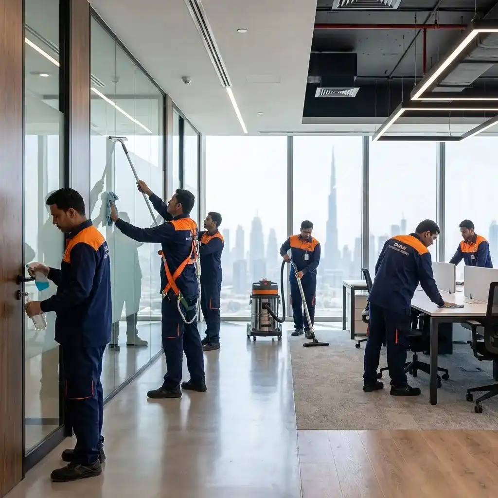 Office cleaning professionals from Top Mop Cleaning Services cleaning a modern commercial workspace