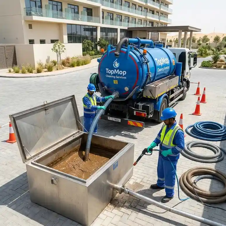 TopMop Cleaning Services technicians cleaning an outdoor above-ground grease trap using vacuum pumping and hydro jetting in Dubai.