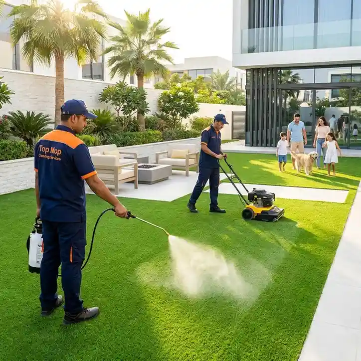 Top Mop Cleaning Services sanitizing artificial grass with enzyme spray and power grooming at a Dubai villa