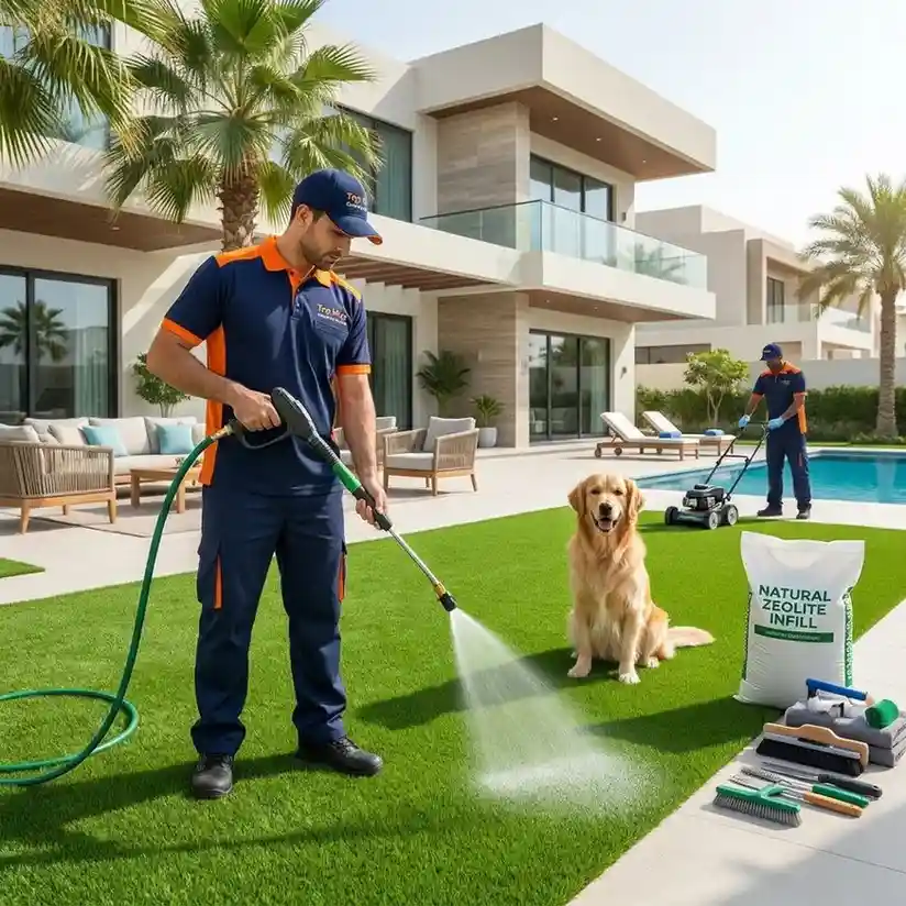 Top Mop Cleaning Services technician sanitizing artificial grass with a pet-safe enzyme treatment in a Dubai villa garden