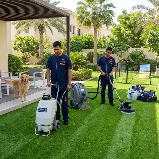 Top Mop Cleaning Services sanitizing pet-friendly artificial grass with enzyme treatment in a Dubai garden