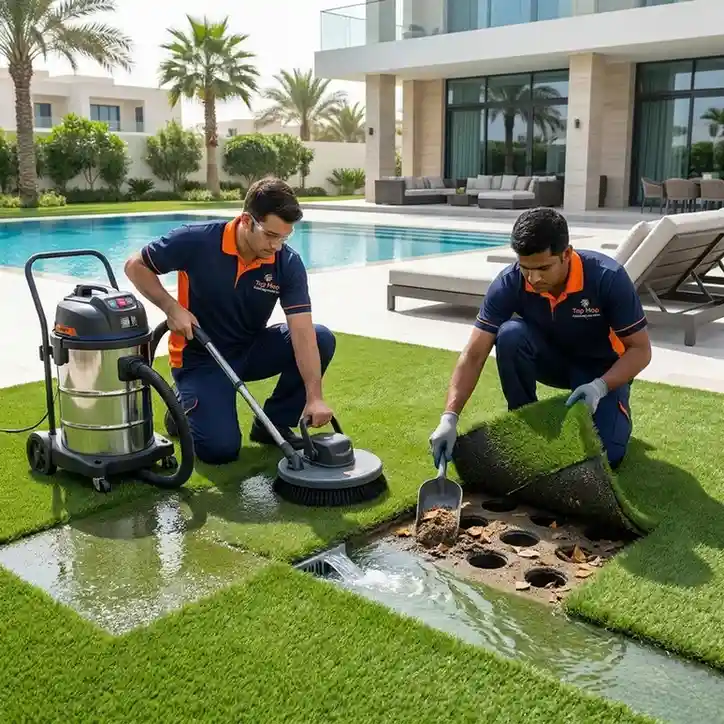Top Mop Cleaning Services clearing blocked drainage beneath artificial grass at a luxury Dubai villa