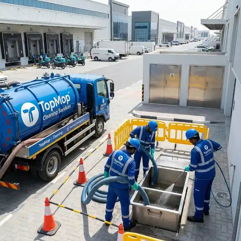 TopMop Cleaning Services technicians cleaning a commercial grease trap at a cloud kitchen facility in Al Quoz, Dubai.