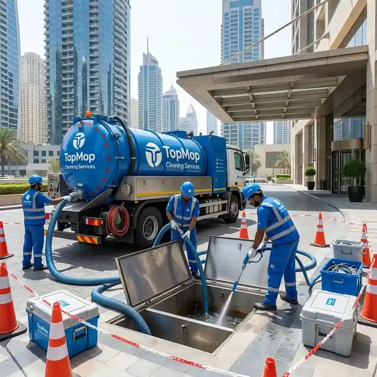 TopMop Cleaning Services technicians cleaning a commercial grease trap outside a luxury hotel in Dubai Marina using a vacuum truck and hydro jetting equipment.