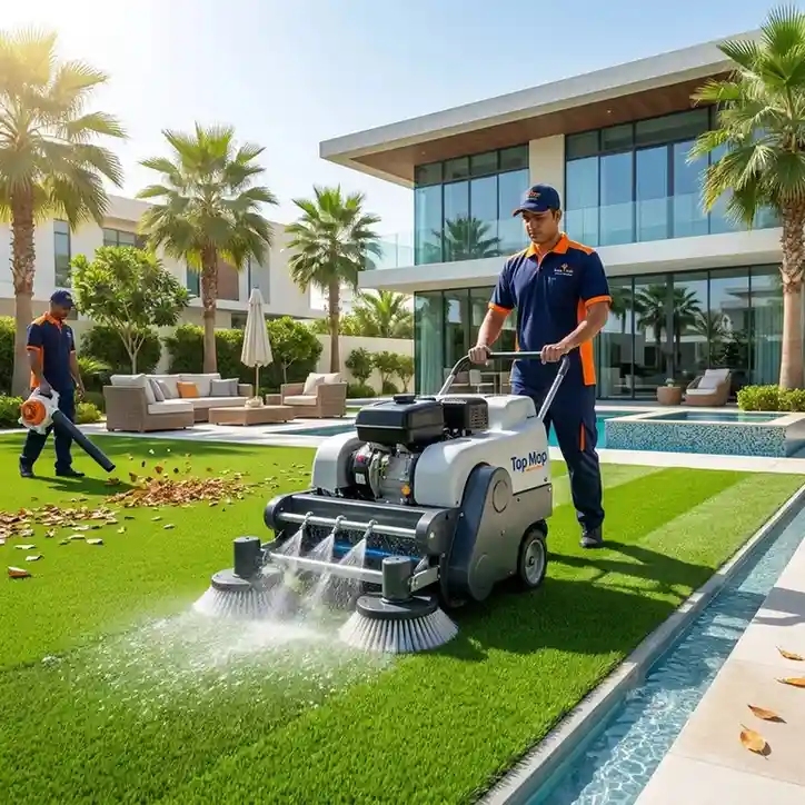 Top Mop Cleaning Services technician cleaning artificial grass in a luxury Dubai villa garden with professional turf cleaning equipment