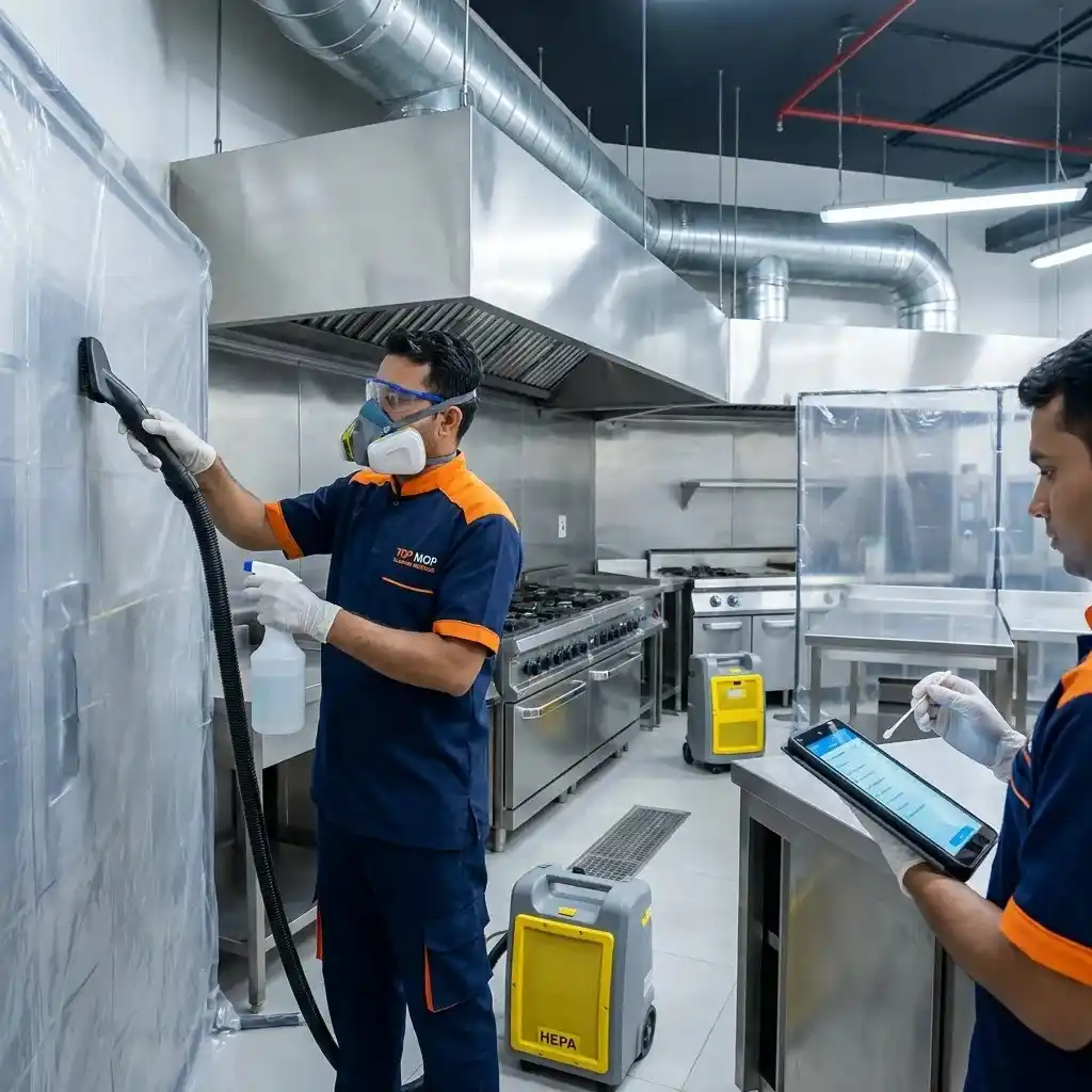 Top Mop Cleaning Services technicians performing commercial kitchen mold remediation and compliance testing in an Al Quoz restaurant.