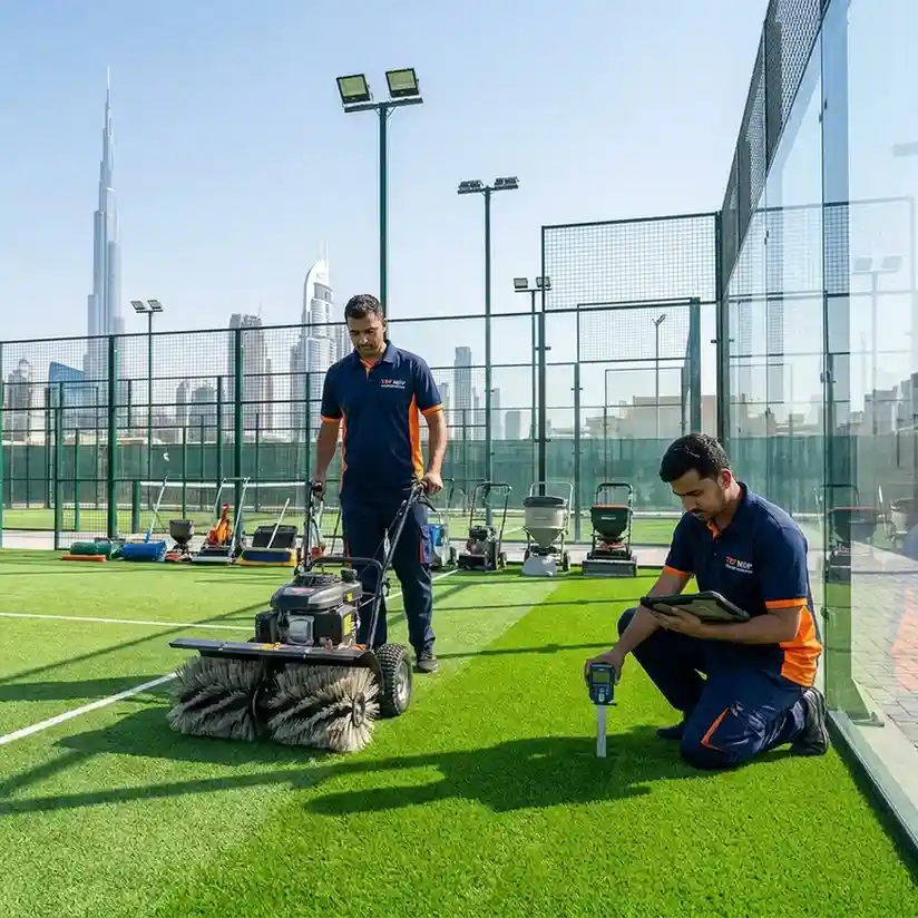 Top Mop Cleaning Services maintaining artificial turf on a Dubai padel court with professional grooming and infill measurement