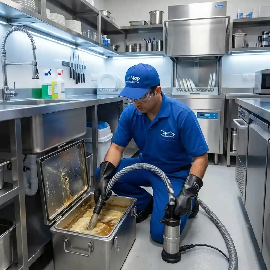 Professional technician from TopMop Cleaning Services cleaning a small under-sink stainless steel grease trap in a commercial café kitchen in Dubai.