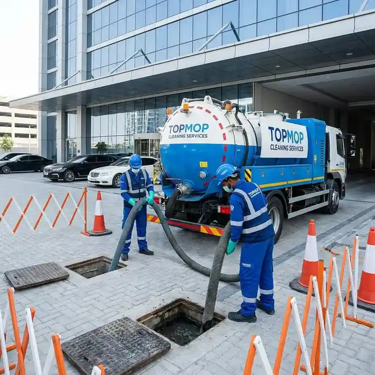 TopMop Cleaning Services vacuum truck cleaning a large underground grease interceptor outside a commercial property in Dubai.