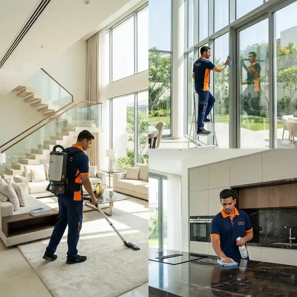 Villa cleaning team from Top Mop Cleaning Services cleaning a luxury villa in Dubai