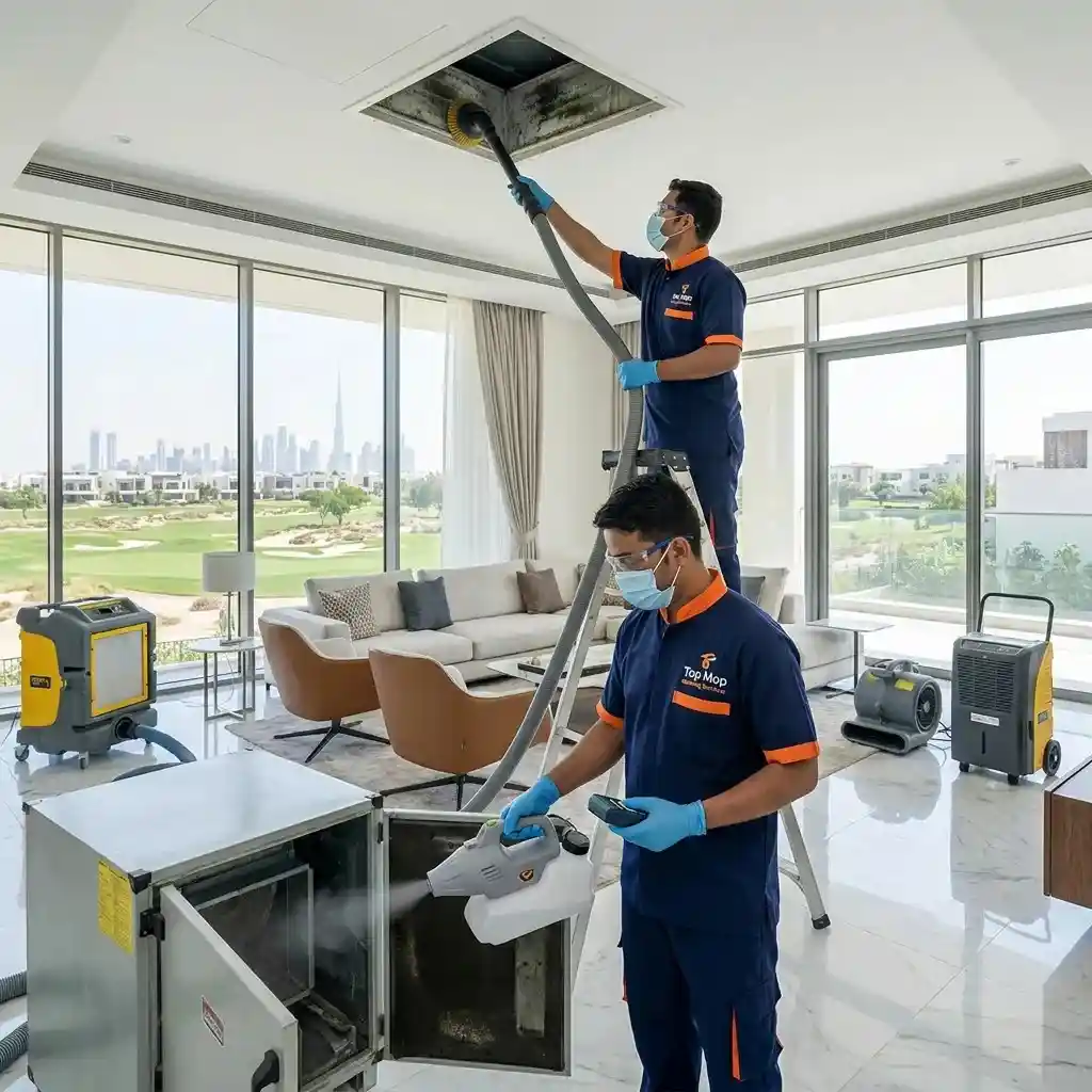 Top Mop Cleaning Services technicians cleaning mold-contaminated AC ducts and sanitizing the HVAC system inside a luxury villa in Dubai Hills Estate.