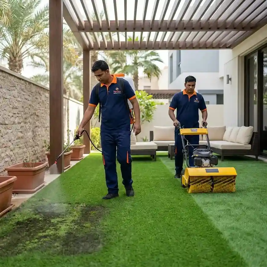 Top Mop Cleaning Services technician removing mold and algae from artificial grass beneath a pergola at a Dubai villa