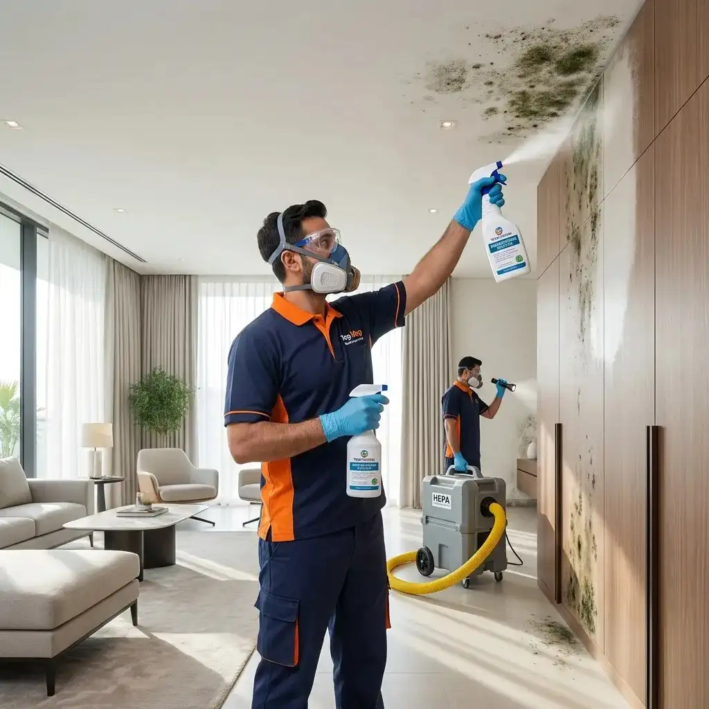 Professional mold removal technicians from Top Mop Cleaning Services treating visible black mold growth on a villa ceiling and wardrobe wall in Dubai.