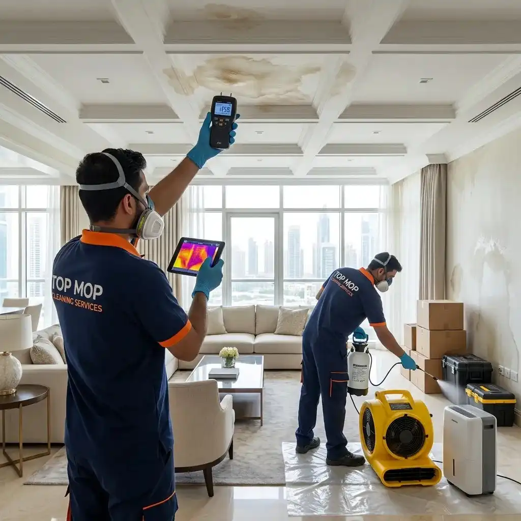 Top Mop Cleaning Services technicians inspecting ceiling water stains and moisture damage after a recent leak in a Dubai villa.