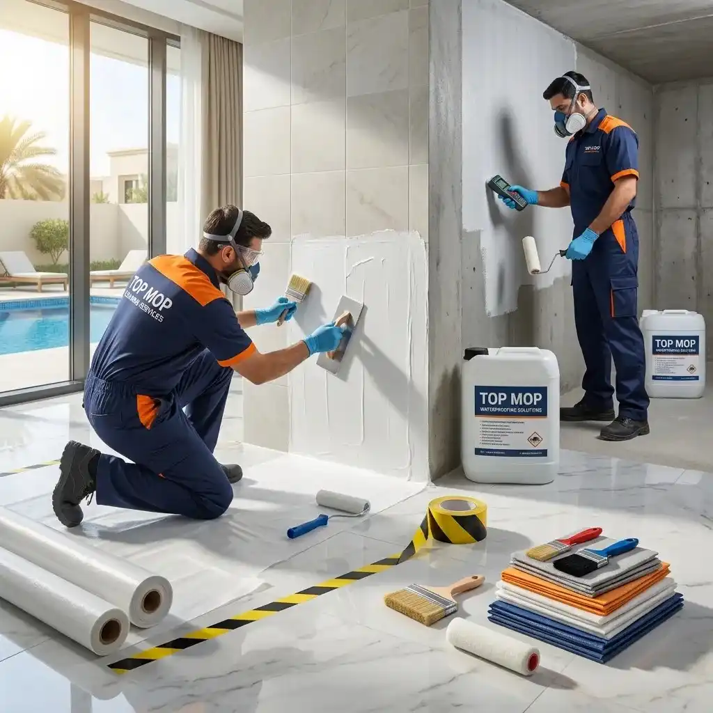 Top Mop Cleaning Services technicians applying waterproofing membrane and damp-proof coating to protect walls from moisture in a Dubai villa.