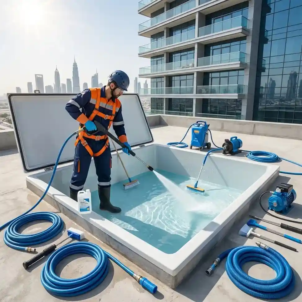 Certified technician from Top Mop Cleaning Services professionally cleaning a residential water tank in Dubai