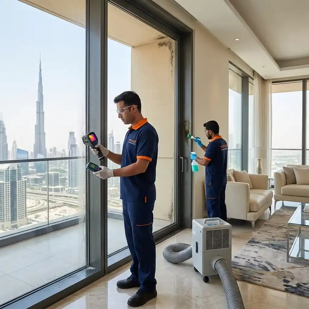Top Mop Cleaning Services technician inspecting mold around window seals and external walls using thermal imaging equipment in a Dubai apartment.
