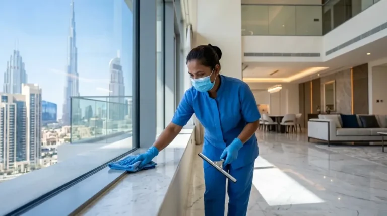 Top Mop Cleaning Services technician performing post construction cleaning in a newly completed residential property in Dubai.