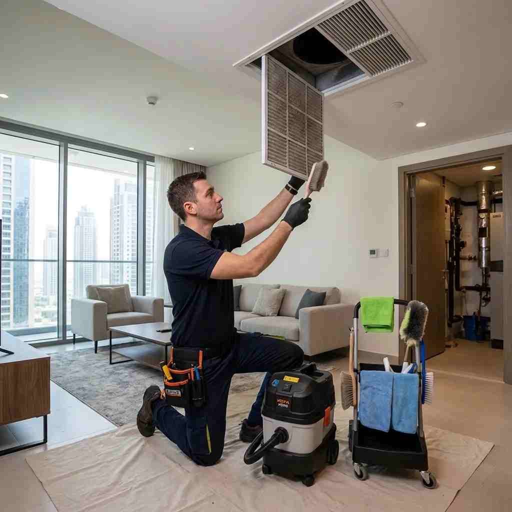 Professional technician cleaning AC filters and vents in a Business Bay apartment