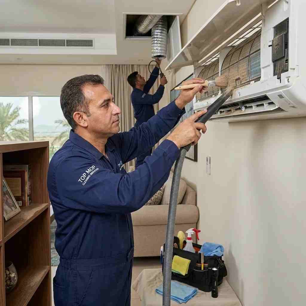 Professional technician cleaning split AC filter and coil in Fujairah