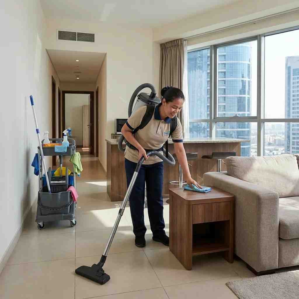 Professional cleaner providing apartment cleaning in a Business Bay tower