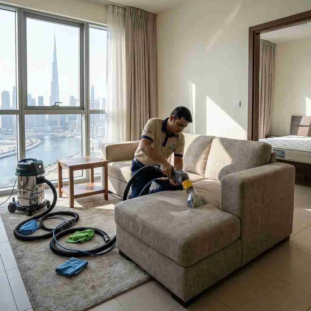 Professional sofa and carpet cleaning service in a Business Bay apartment