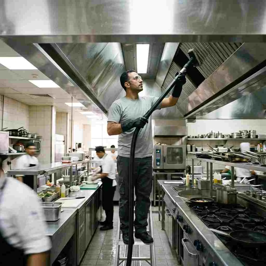Professional technician cleaning a commercial kitchen exhaust hood and duct system in Dubai