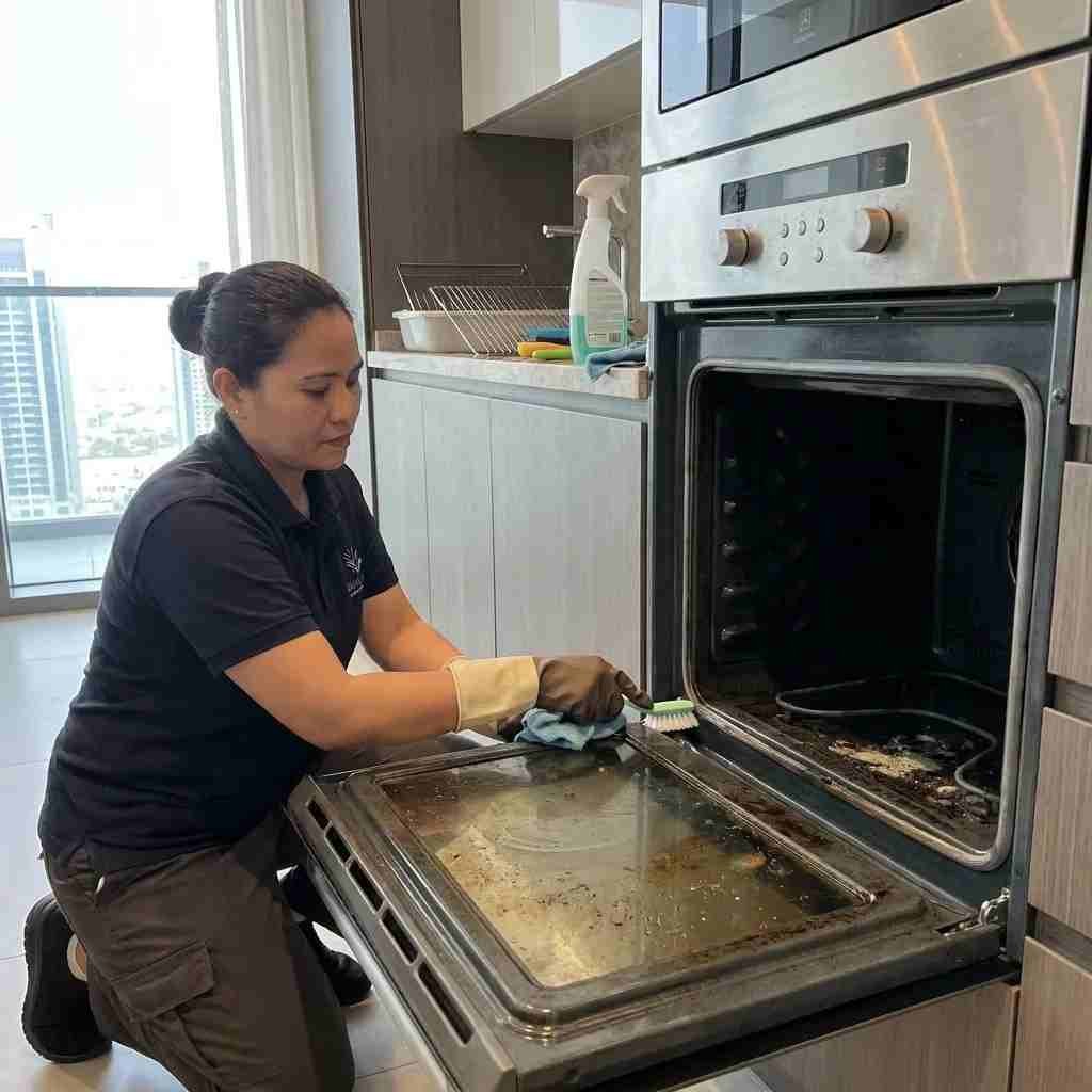 Professional cleaner deep cleaning a modern kitchen in Dubai