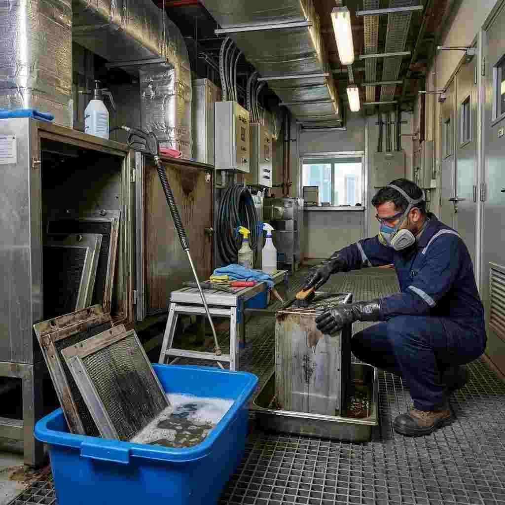 Technician degreasing commercial exhaust ductwork through an inspection panel in Dubai