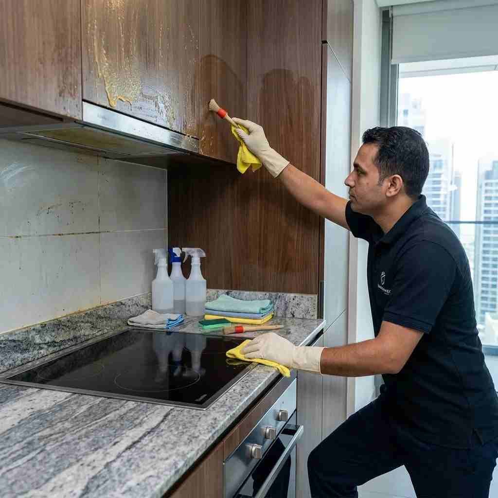 Professional cleaner removing grease from kitchen cabinets and backsplash in Dubai