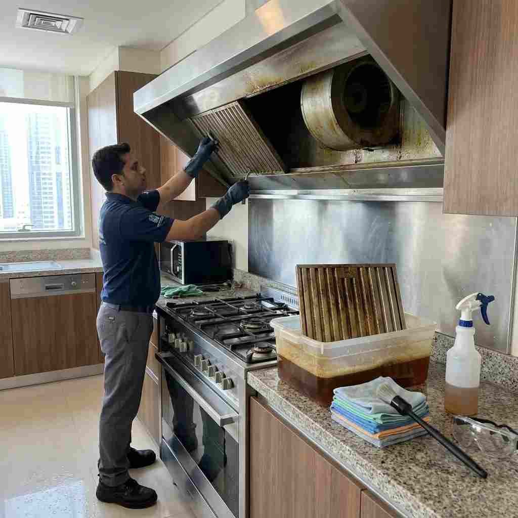Professional cleaner degreasing a commercial kitchen exhaust hood filter in Dubai