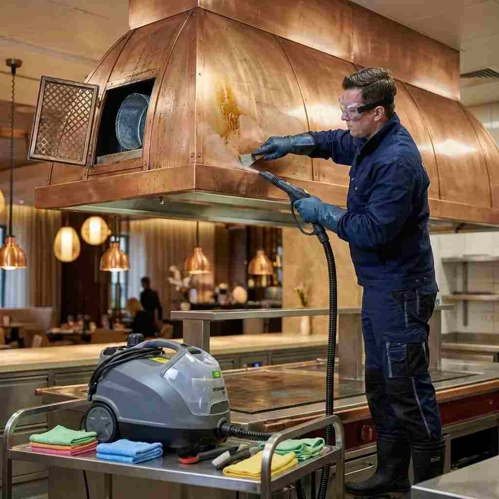 Professional technician steam cleaning a custom copper kitchen exhaust hood in Downtown Dubai